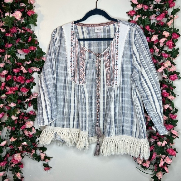 Knox Rose Sweaters - Knox Rose Boho Fringe 3/4 Sleeve Cardigan Size XL Blue Orange Eccentric Womens